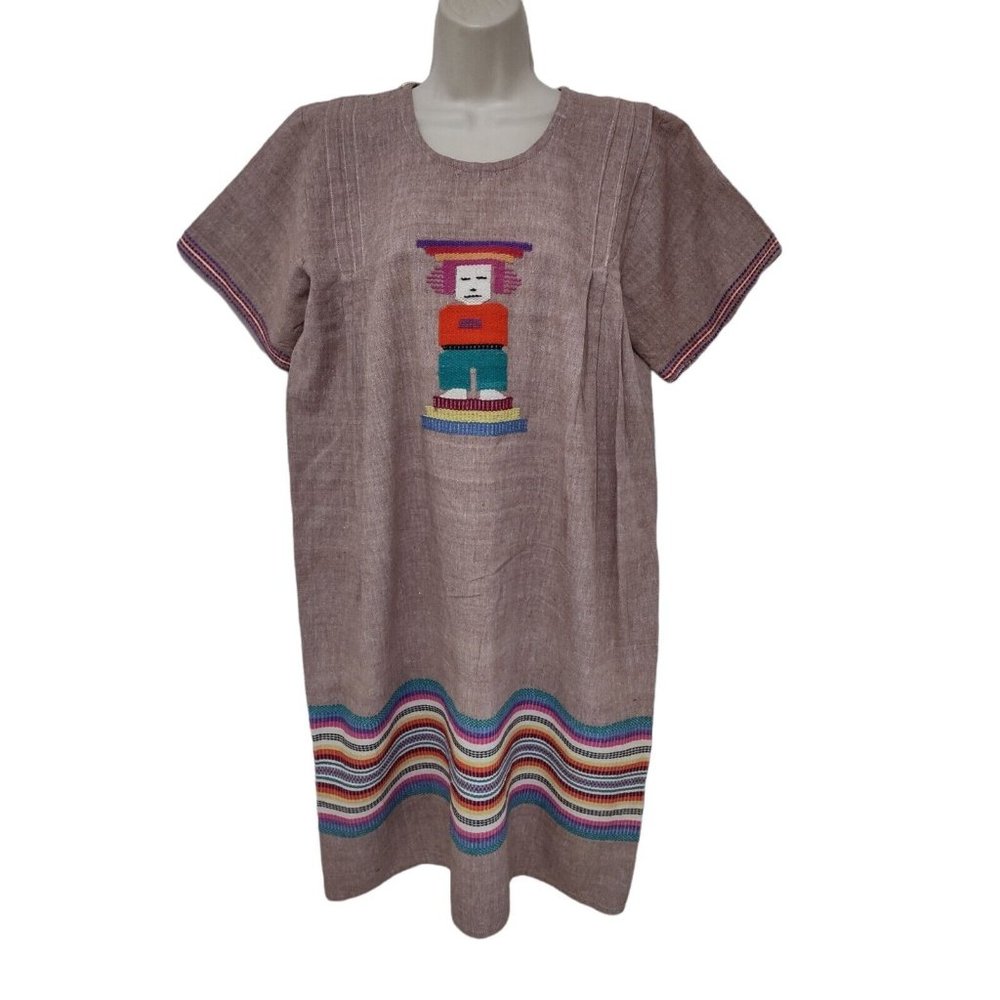 Vintage 60s 70s Embroidered Shift Shirt Duster Dress MuMu Muu Muu M/L